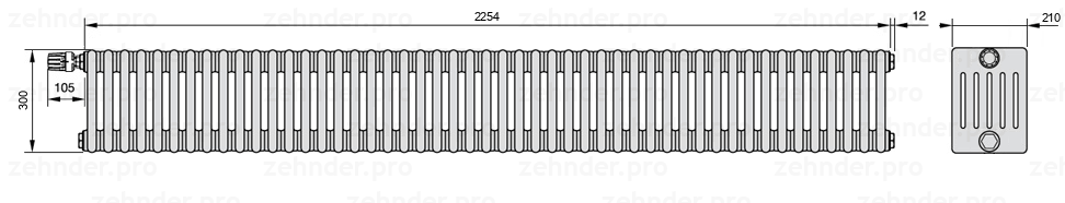 Схема (чертеж) Радиатор Zehnder Charleston 6030/49 №V011 Белый глянцевый RAL 9016
